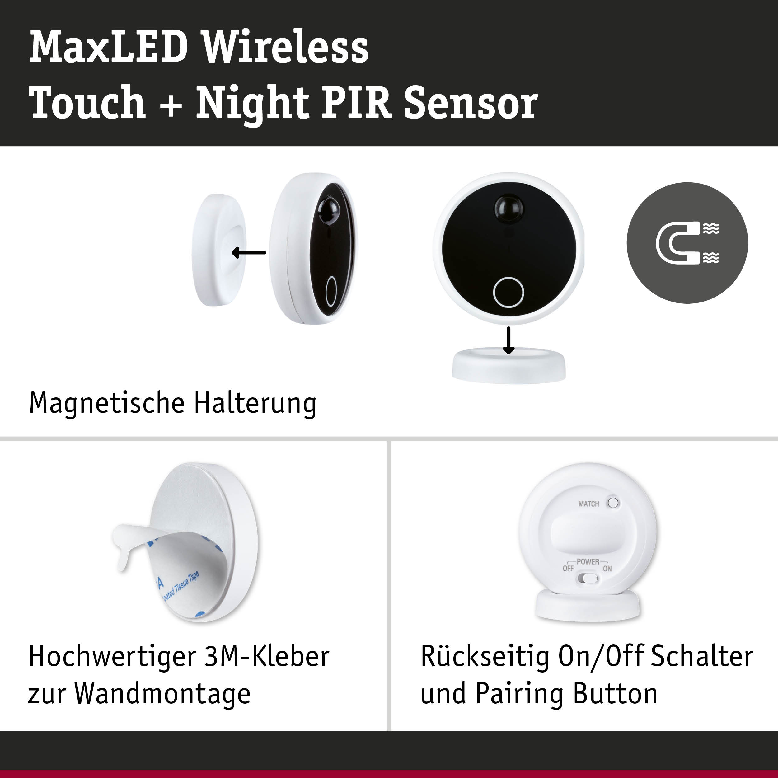 MaxLED Wireless Touch Sensor mit Nachtsensor in Weiß und Schwarz, magnetische Halterung und 3M Kleber zur Wandmontage