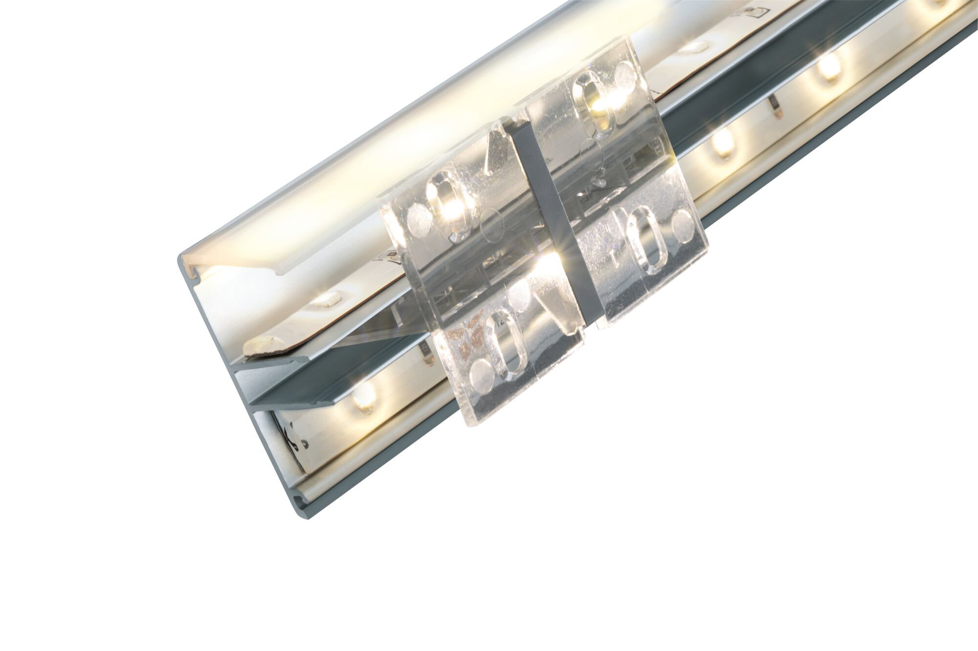 Sølvfarvet aluminium LED-profil med mælkehvid diffusor og klar monteringsclips til LED-strips