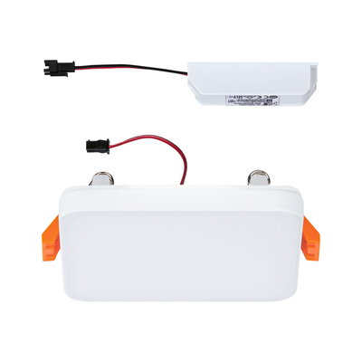 Rectangular white LED recessed panel with cables and orange clips for ceiling lighting installation