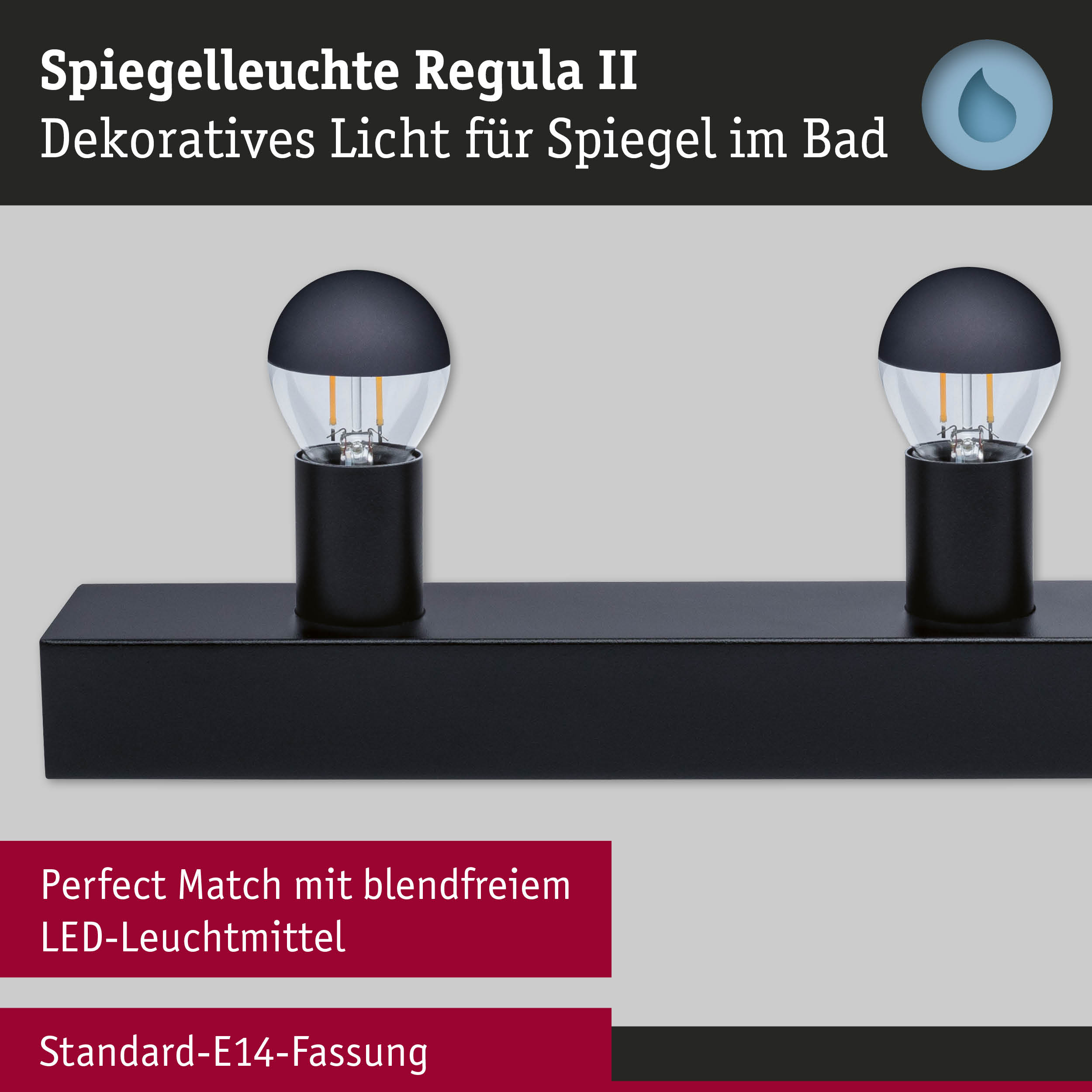 Set Spiegelleuchte Regula II inkl. Leuchtmittel 4-flammig IP44 E14 2700K 4x470lm 230V 4x4,5W dimmbar Schwarz/Kopfspiegel Schwarz matt