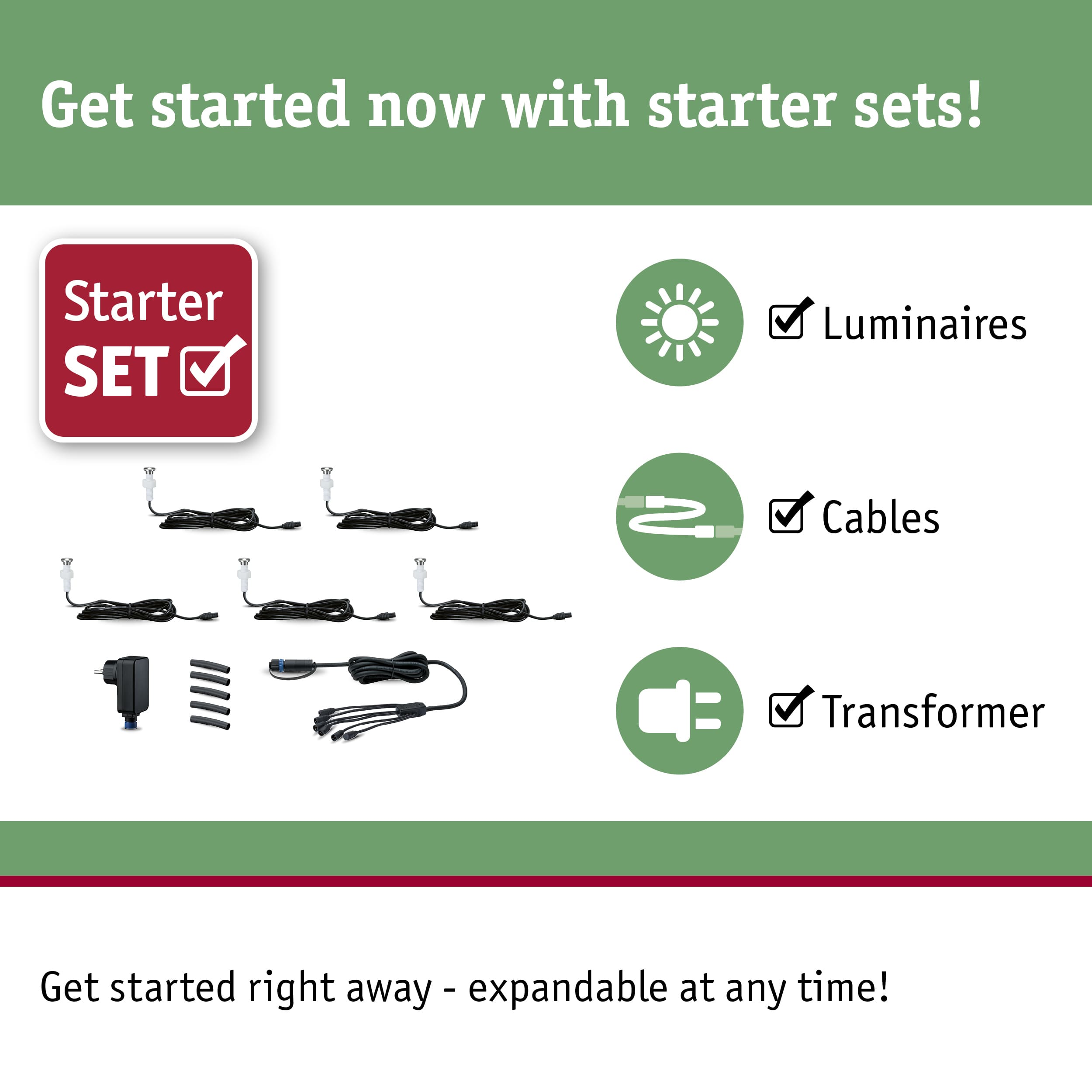 Starter set with white LED luminaires, cables, and transformer for easy lighting setup