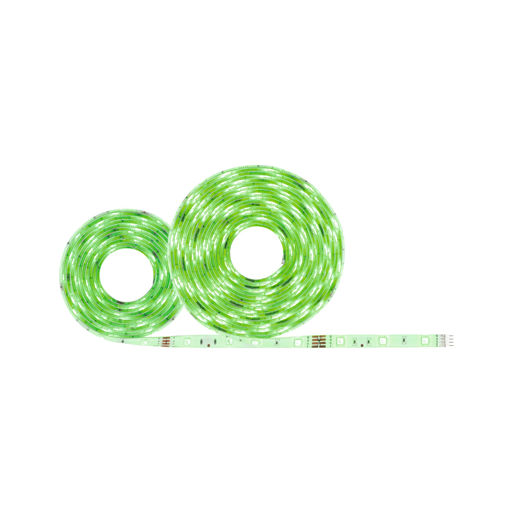 Zwei grüne LED-Lichtbänder aus flexiblem Material, ideal für dekorative Beleuchtung.
