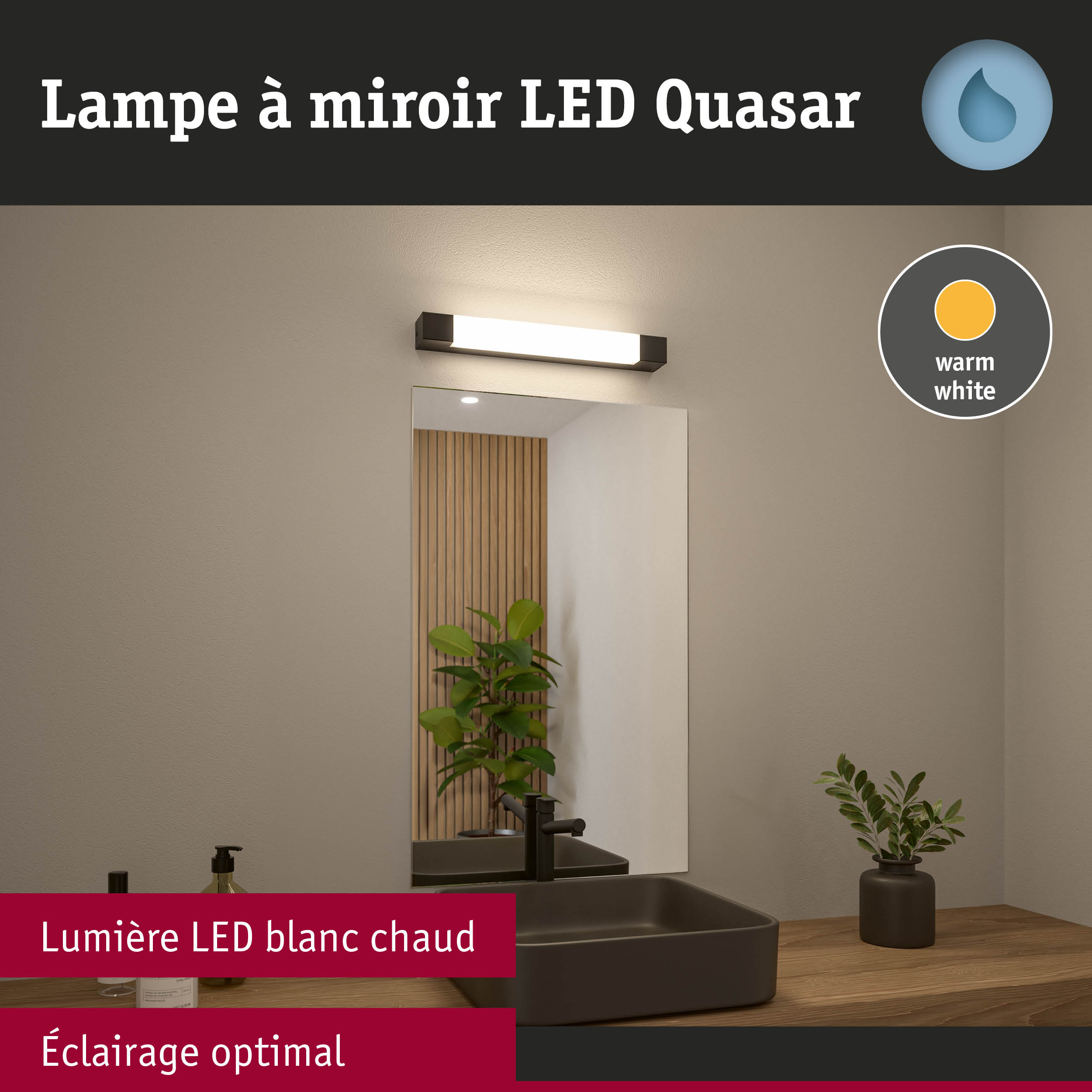 Lampe LED Quasar à miroir en blanc chaud avec cadre noir au-dessus du miroir de salle de bain