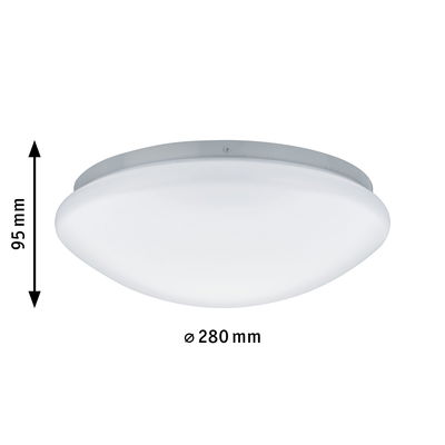 Round ceiling light with white plastic shade and grey rim, 280 mm diameter, 95 mm height
