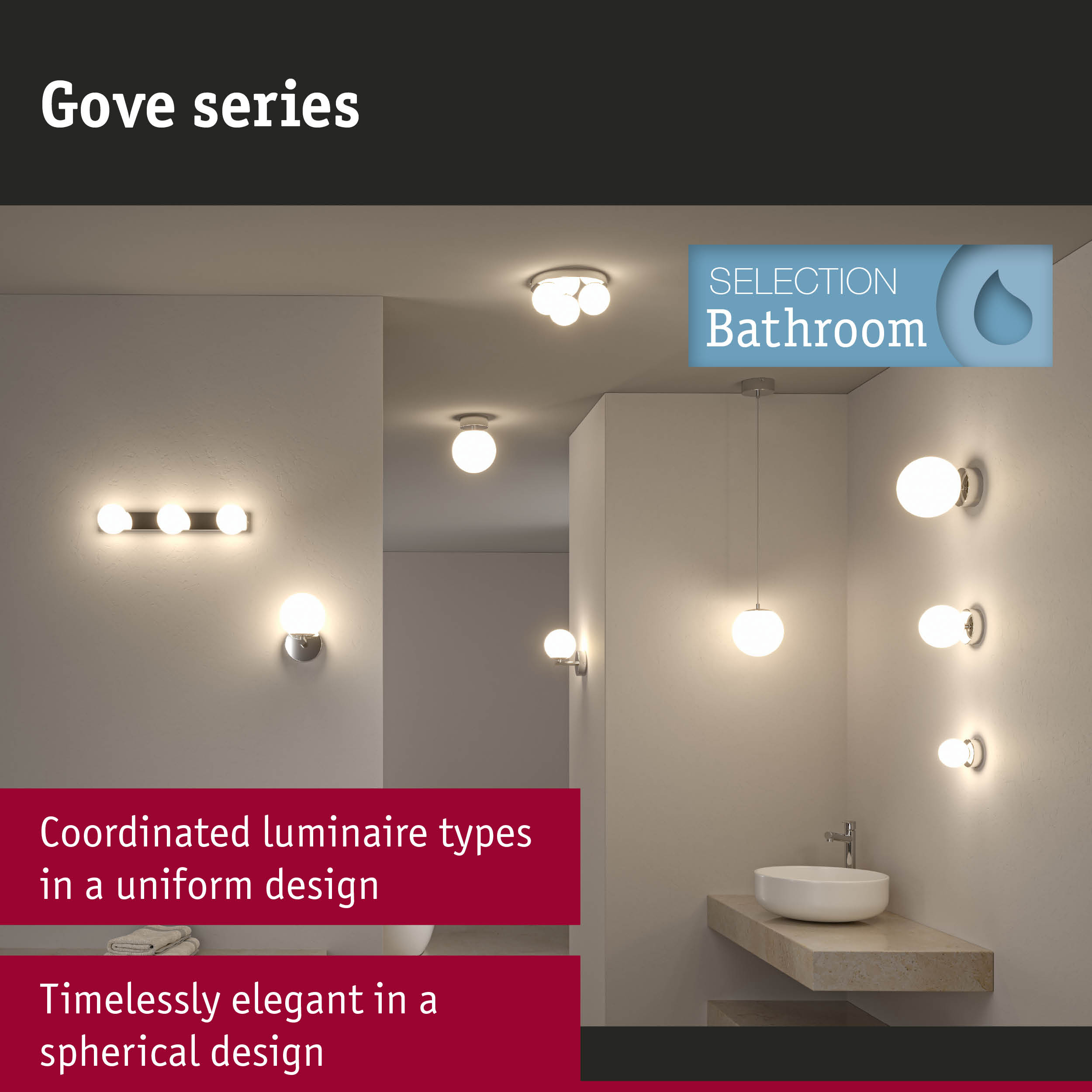 Gove series bathroom lights with white spherical glass and chrome fixtures for modern bathroom lighting