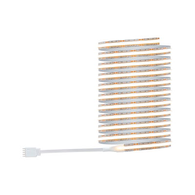 Bande LED flexible avec lumière blanc chaud et câble de connexion blanc pour éclairage polyvalent.