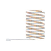 Flexible LED strip with warm white light and white connector cable for versatile lighting solutions.
