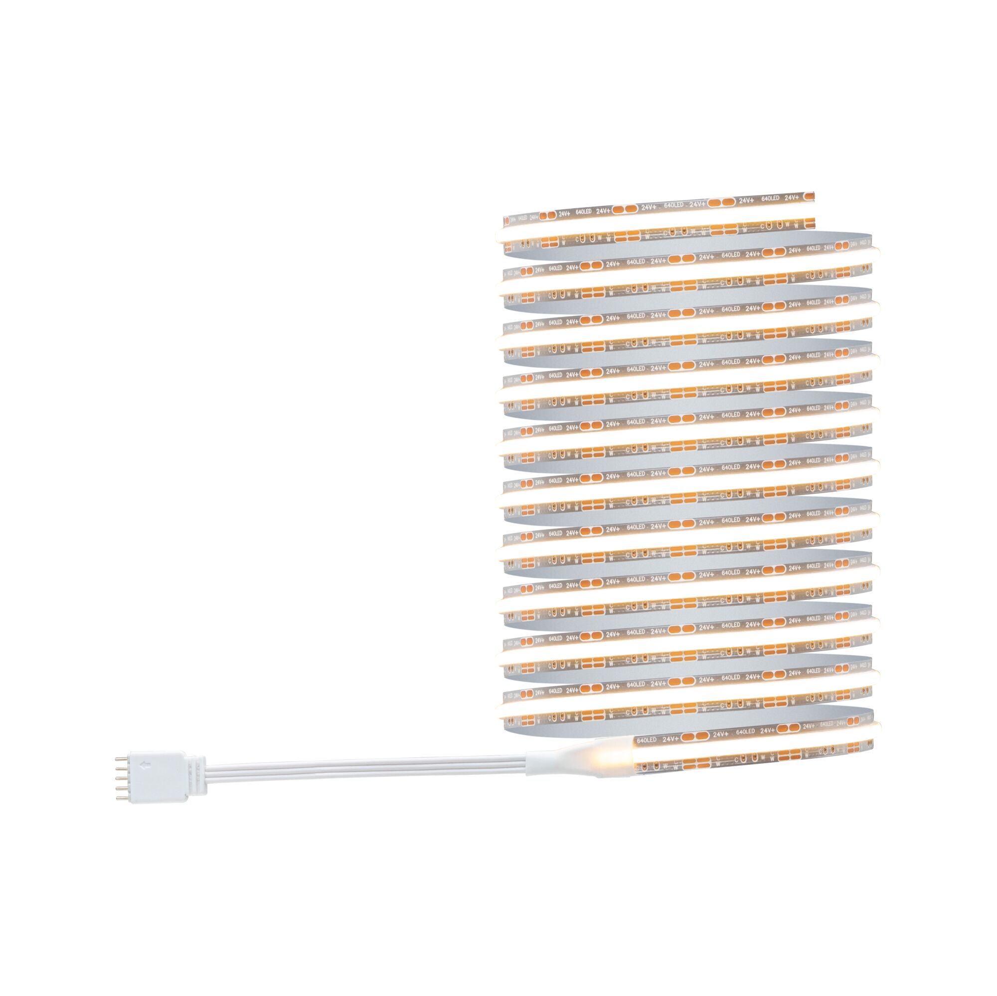 Flexible LED strip with warm white light and white connector cable for versatile lighting solutions.