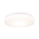 Round white plastic ceiling light with warm white LED for living spaces and rooms