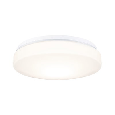 Round white plastic ceiling light with warm white LED for living spaces and rooms
