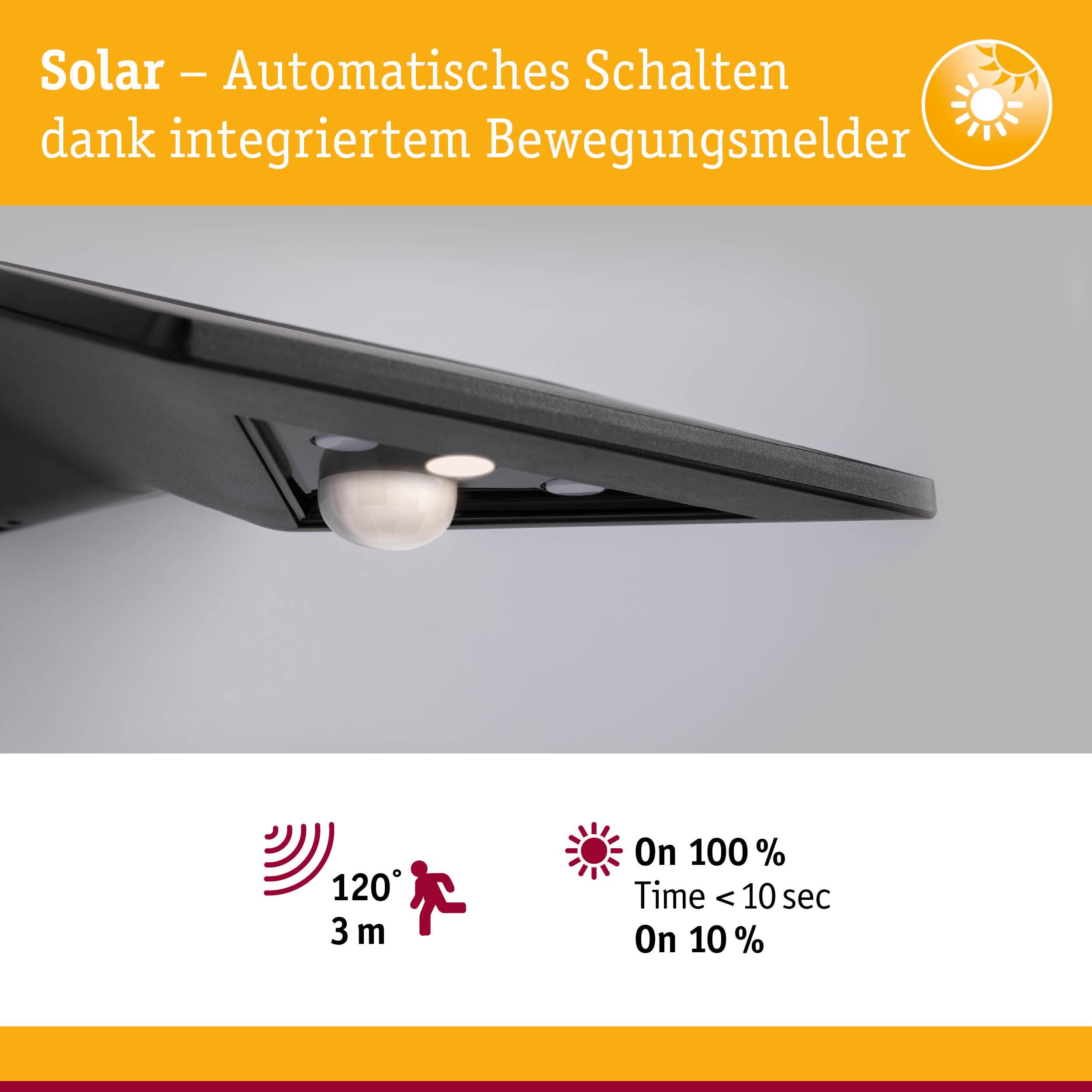 Schwarzes Solarlicht mit integriertem Bewegungsmelder für automatisches Schalten und 3 Meter Reichweite