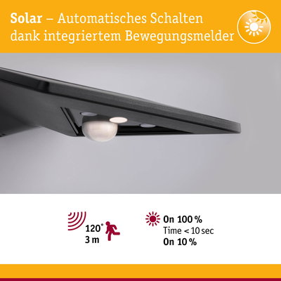 Schwarzes Solarlicht mit integriertem Bewegungsmelder für automatisches Schalten und 3 Meter Reichweite