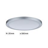 Flache runde LED-Deckenleuchte mit silbernem Aluminiumrahmen und weißem Diffusor, 300 mm Durchmesser.