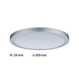 Flache runde LED-Deckenleuchte mit silbernem Aluminiumrahmen und weißem Diffusor, 300 mm Durchmesser.