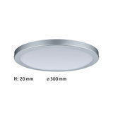 Flache runde LED-Deckenleuchte mit silbernem Aluminiumrahmen und weißem Diffusor, 300 mm Durchmesser.