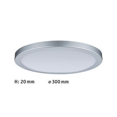 Flache runde LED-Deckenleuchte mit silbernem Aluminiumrahmen und weißem Diffusor, 300 mm Durchmesser.