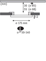 Technische Zeichnung mit Maßen für runden Einbaustrahler Ø175 mm, Einbautiefe 12 mm, Ausschnitt Ø85 mm.