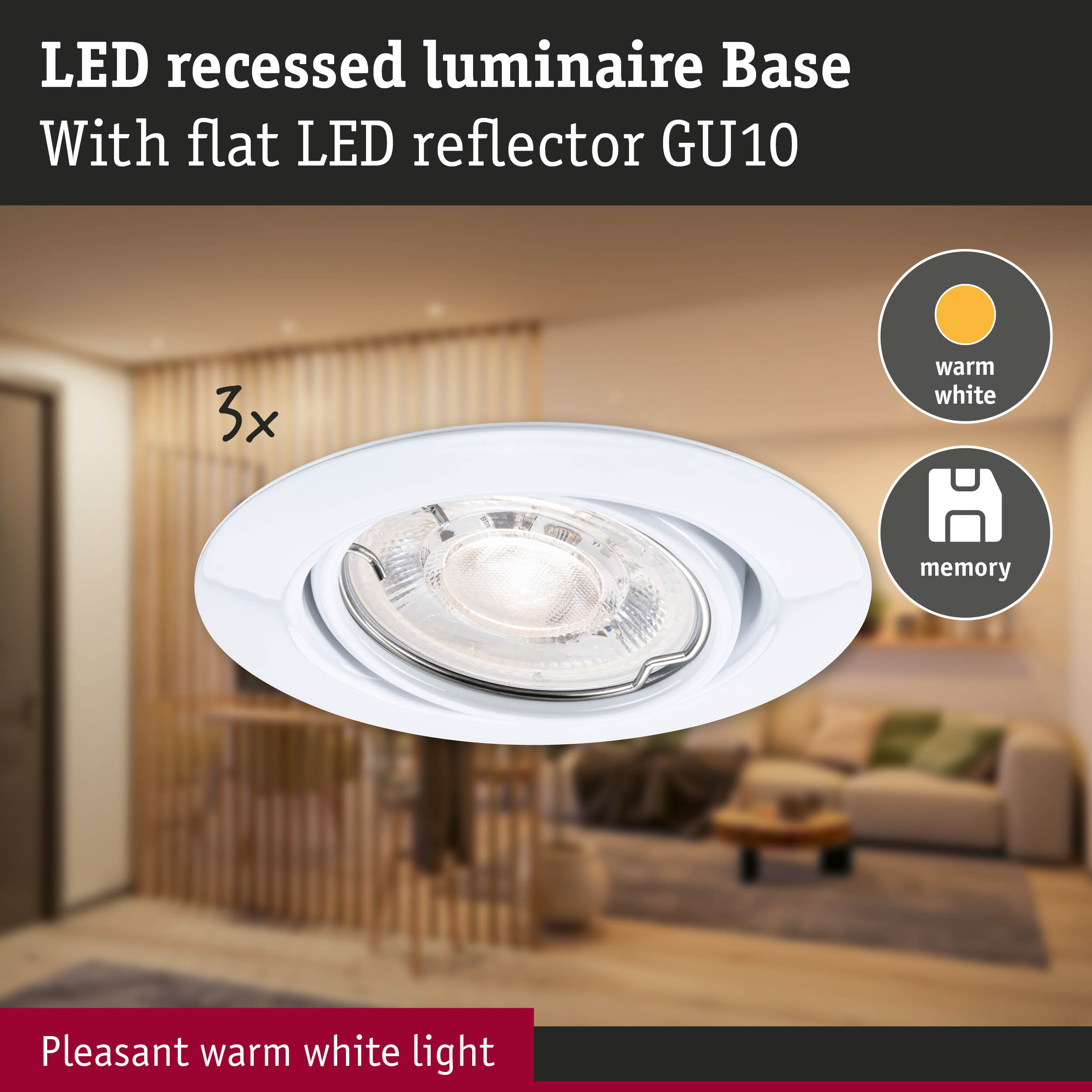 White LED recessed luminaire Base with flat LED reflector GU10 for warm white light