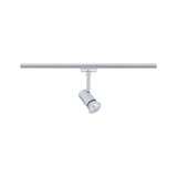 Moderner silberner LED-Strahler aus Metall an Schienensystem für flexible Beleuchtung