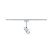 Moderner silberner LED-Strahler aus Metall an Schienensystem für flexible Beleuchtung