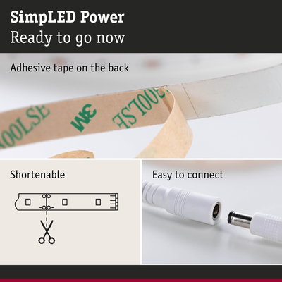 LED strip with adhesive 3M backing, cuttable and easy plug connection for LED lighting setup
