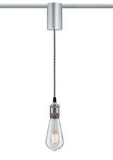 Suspension moderne avec douille en métal argenté et ampoule LED claire pour un éclairage intérieur élégant