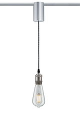 Suspension moderne avec douille en métal argenté et ampoule LED claire pour un éclairage intérieur élégant