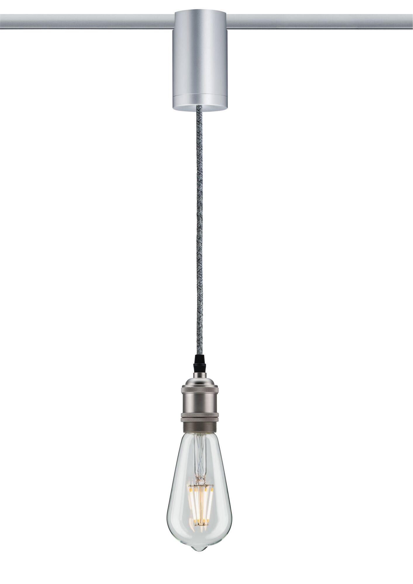 Lampa wisząca z metalową oprawką w kolorze srebrnym i przezroczystą żarówką LED na szarym przewodzie tekstylnym