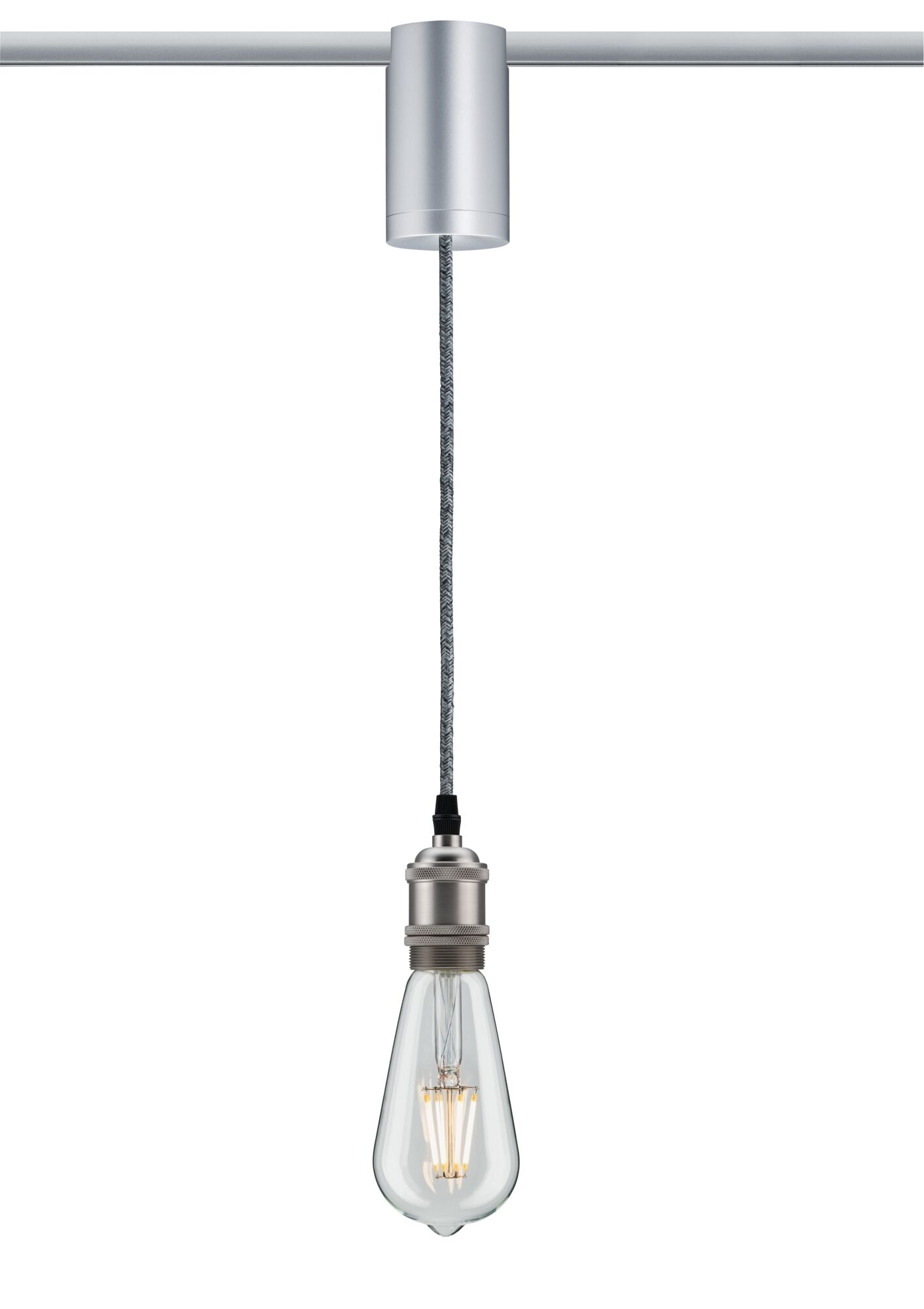 Hängelampe mit silbernem Metallfassungsgehäuse und klarem LED-Glühbirnen-Design an grauem Textilkabel