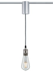 Hängelampe mit silbernem Metallfassungsgehäuse und klarem LED-Glühbirnen-Design an grauem Textilkabel