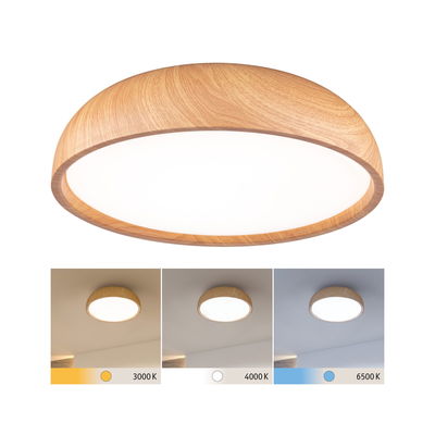 Ronde plafondlamp met natuurlijke houten rand, dimbaar met lichtkleuren van 3000K tot 6500K.