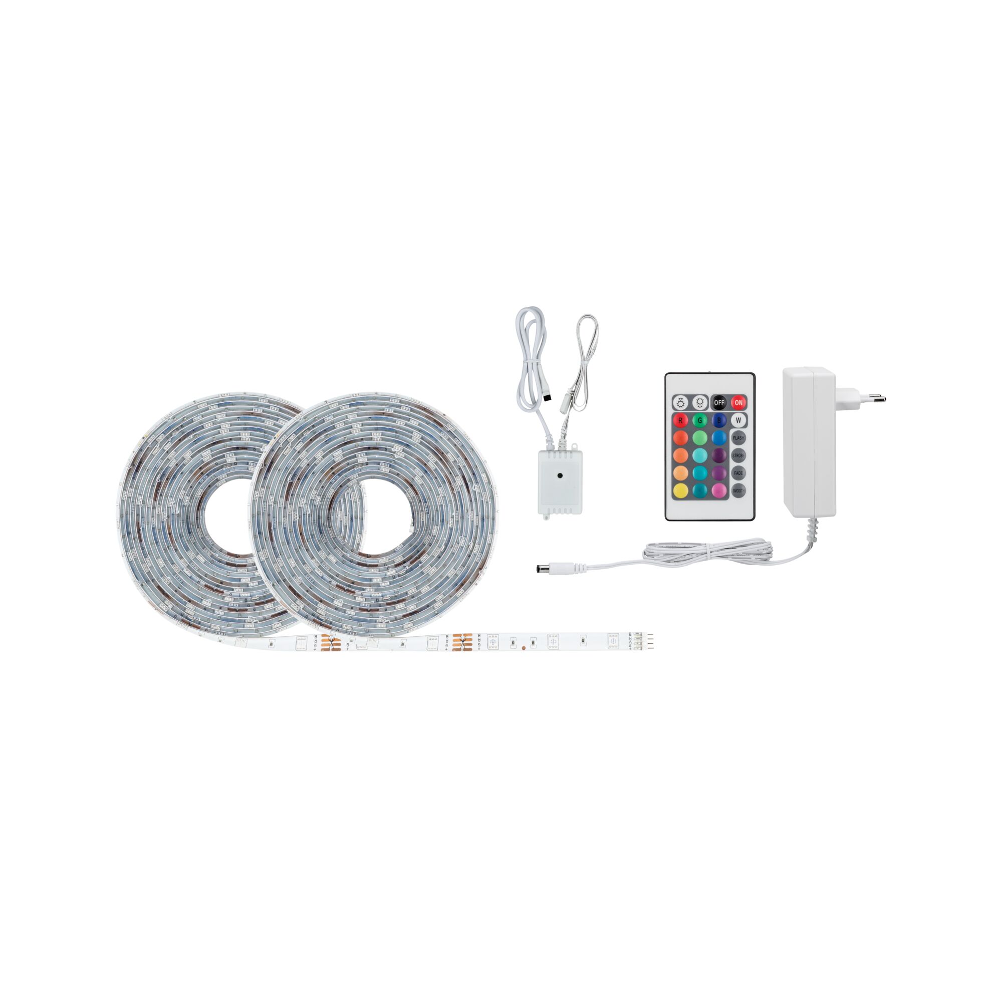 LED strip light set with two rolls, remote control and power adapter in white for flexible lighting