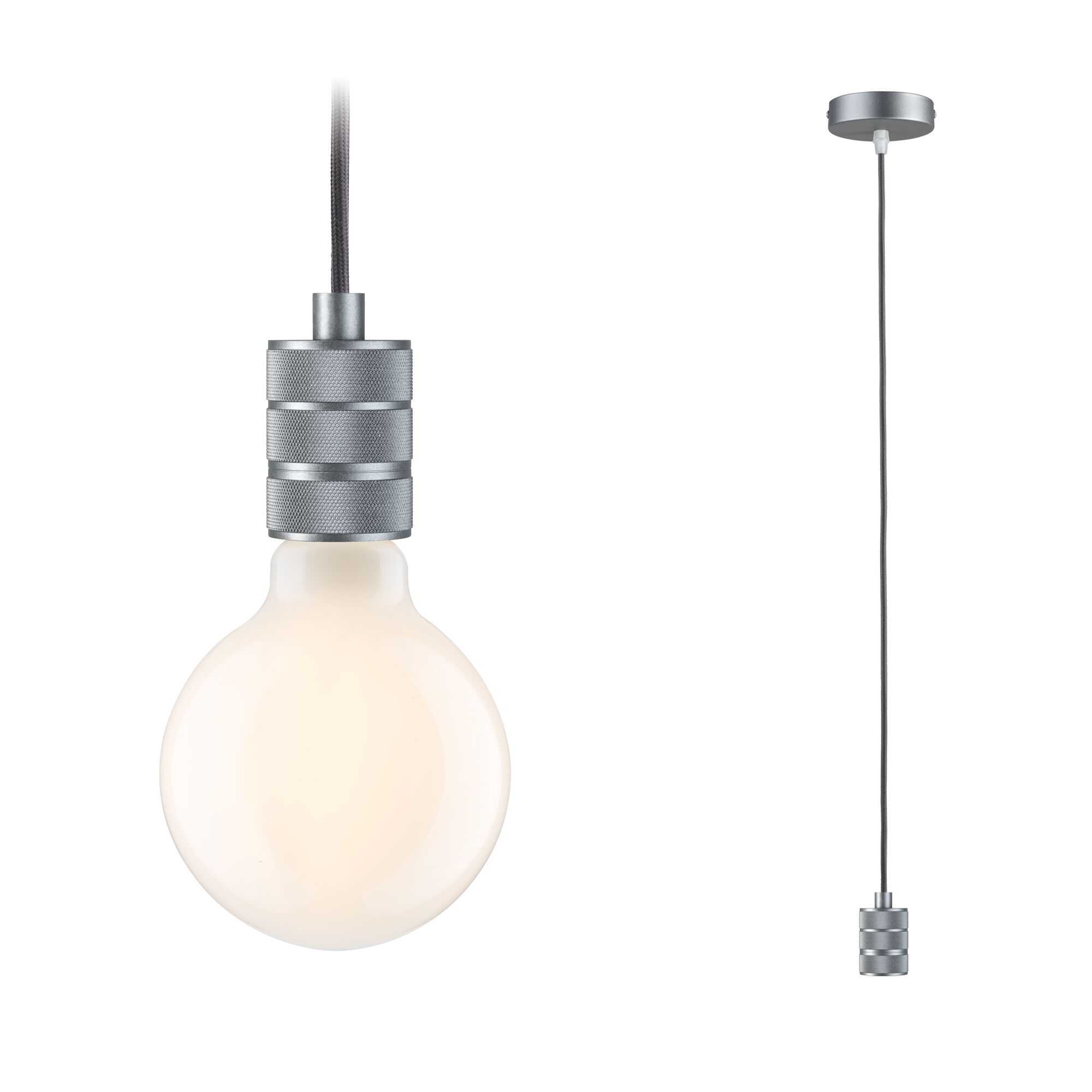 Moderne hanglamp met matte metalen fitting en witte lamp voor stijlvolle woonverlichting