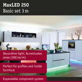Modern kitchen with white MaxLED 250 LED strip lighting, decorative light for furniture and profiles