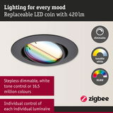 Black LED recessed light with dimmable, tunable white and RGBW colour control for smart lighting.