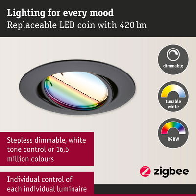 Black LED recessed light with dimmable, tunable white and RGBW colour control for smart lighting.