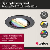 Black LED recessed light with dimmable, tunable white and RGBW colour control for smart lighting.