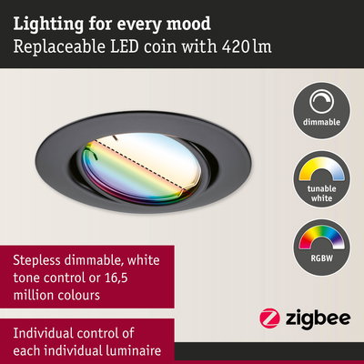 Black LED recessed light with dimmable, tunable white and RGBW colour control for smart lighting.
