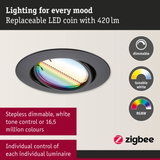 Black LED recessed light with dimmable, tunable white and RGBW colour control for smart lighting.