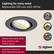 Black recessed LED spotlight with replaceable LED coin and dimmable tunable RGBW light colour.