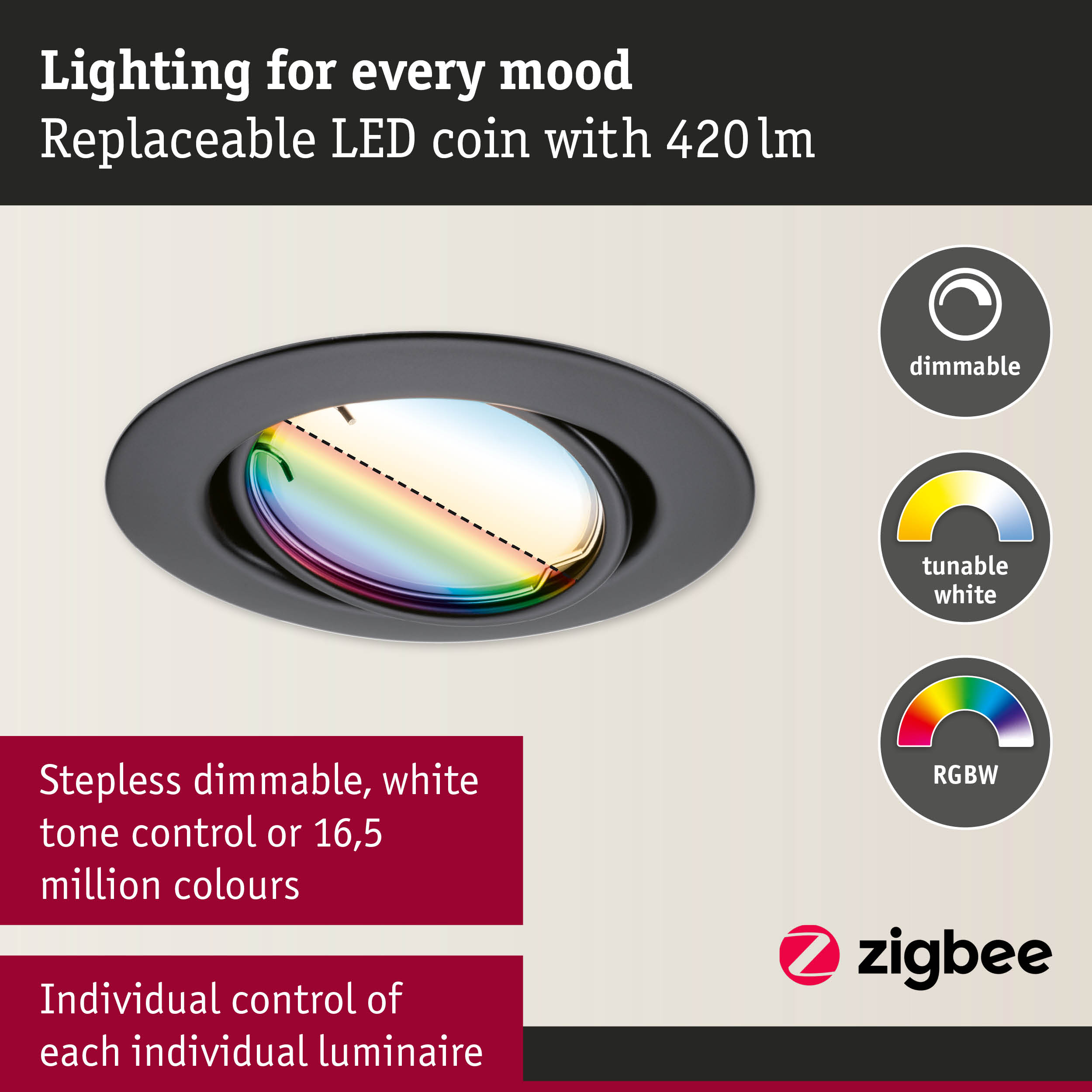 Black recessed LED spotlight with replaceable LED coin and dimmable tunable RGBW light colour.