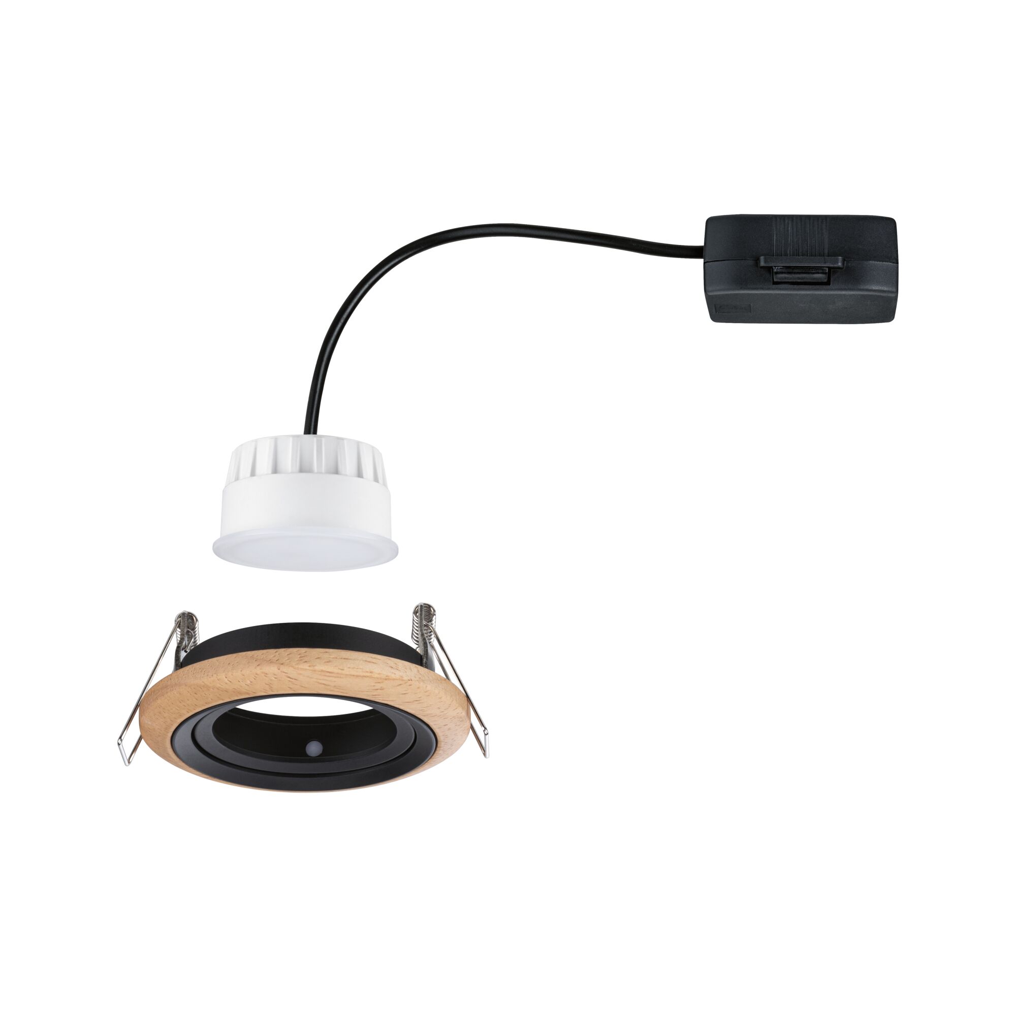 Rundes LED-Einbaustrahler-Set mit Holzring und schwarzem Gehäuse, inklusive weißem Treiber und Kabel