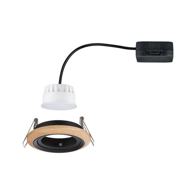 Rundes LED-Einbaustrahler-Set mit Holzring und schwarzem Gehäuse, inklusive weißem Treiber und Kabel