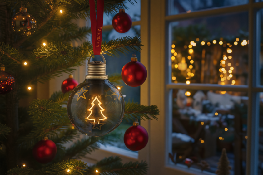 Glaskugel mit LED-Weihnachtsbaum und Sternenmotiv an rotem Band am Tannenbaum, festliche Weihnachtsbeleuchtung