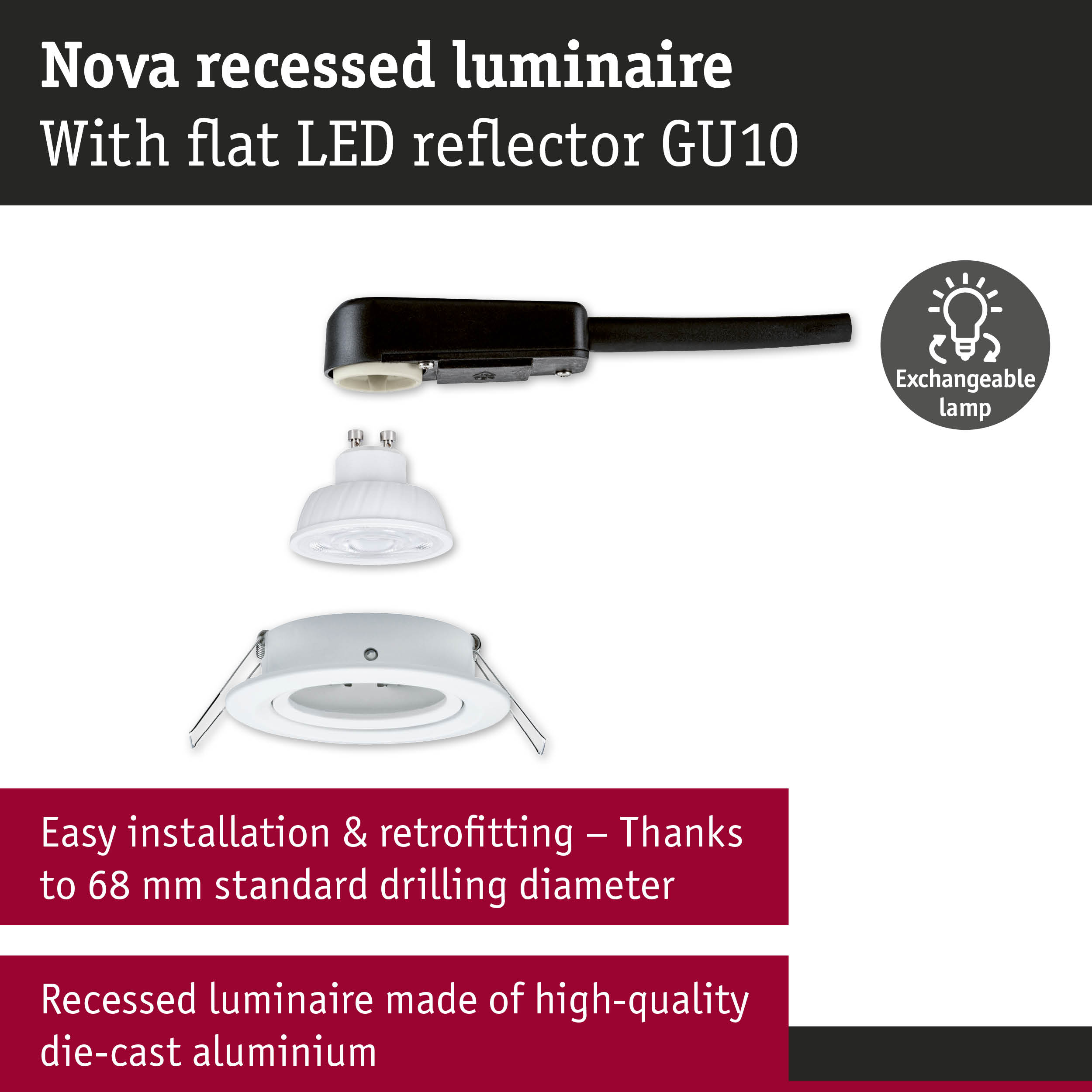 Nova recessed luminaire in white die-cast aluminium with flat LED reflector GU10 and exchangeable lamp