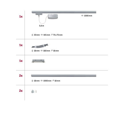 Technische Zeichnung mit Maßen von silbernen Aluminium-Schienen und Verbindungsstücken für Schienensysteme.