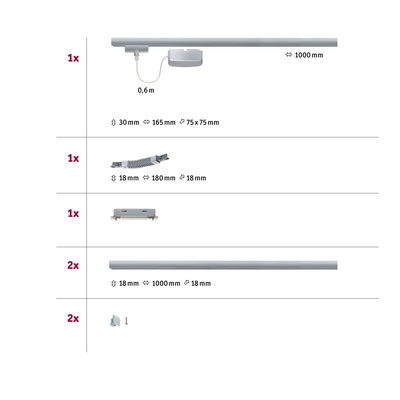 Technical drawing with dimensions of silver aluminum rails and connectors for track lighting systems.