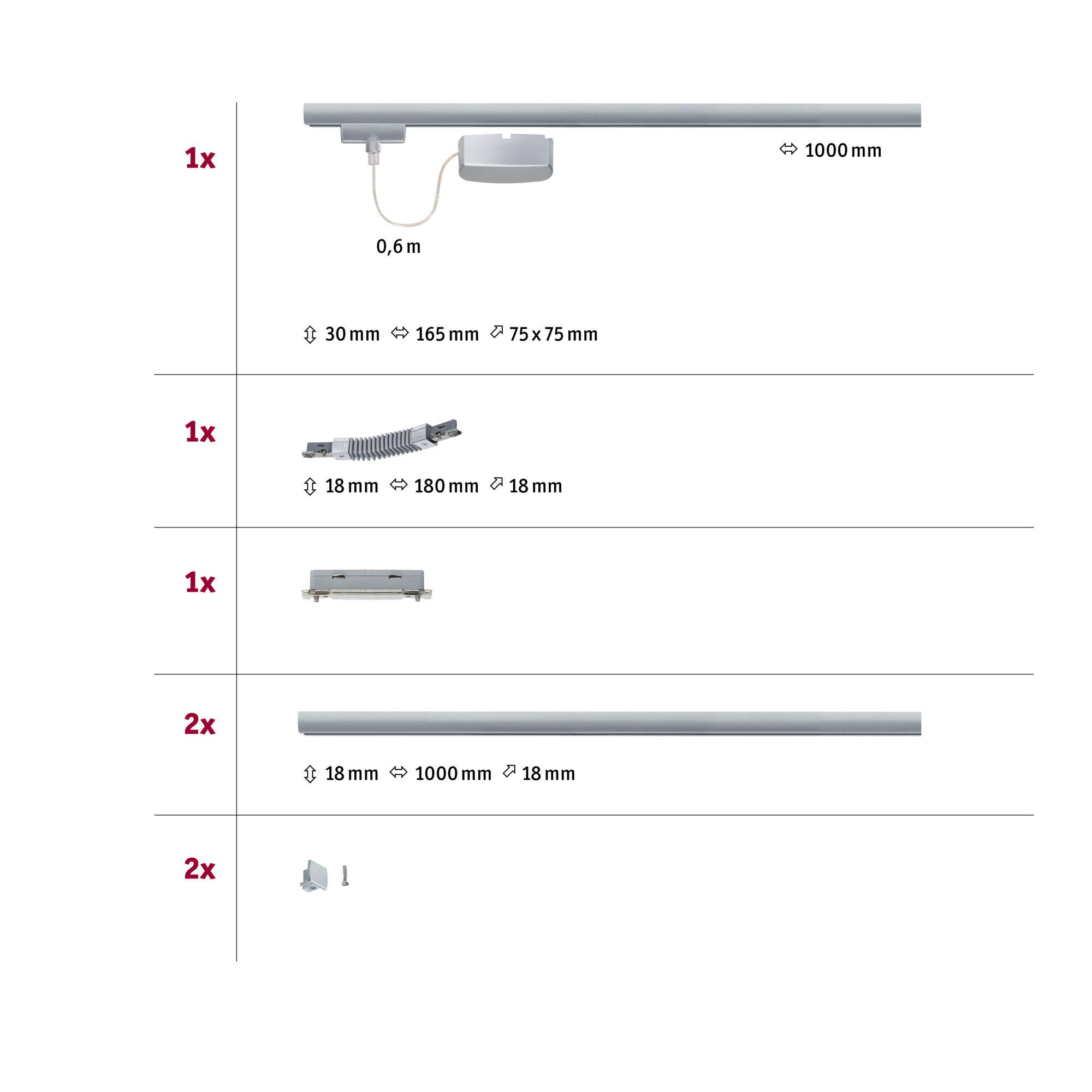 Silver aluminium track connector with cable, 1000 mm length, for LED track lighting systems