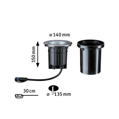 Schwarze Einbauleuchte mit 140 mm Durchmesser und 150 mm Höhe, inklusive Kabel mit 30 cm Länge