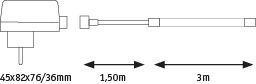 Dessin technique d'une tête de lampe rectangulaire avec câble et dimensions 45x82x76 mm, 1,5 m et 3 m de longueur